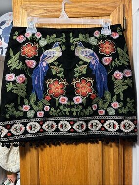 Umgee Black Mini Skirt with Embroidered Birds and Floral Motif